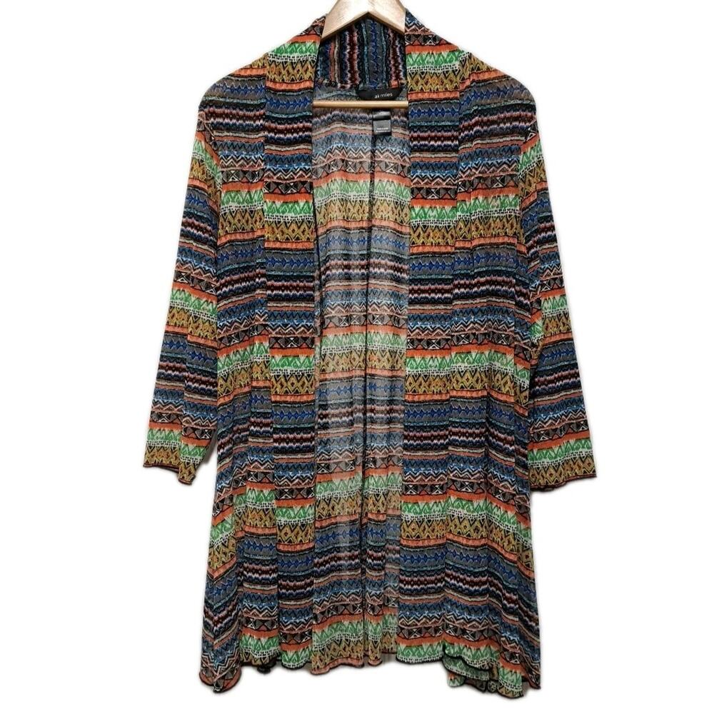Ali Miles Sheer Mesh Open Cardigan Top Womens 1X 3/4 Sleeve Colorful Artsy Boho